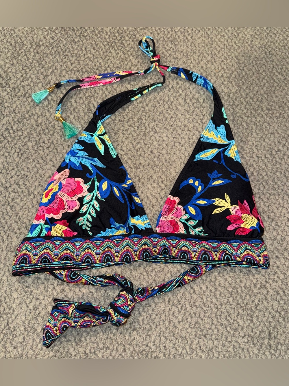 La Blanca Black Floral Halter Bikini Top with Multicolor Embroidery